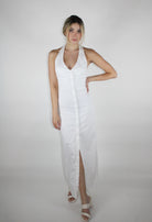 White halter maxi dress with button detailing