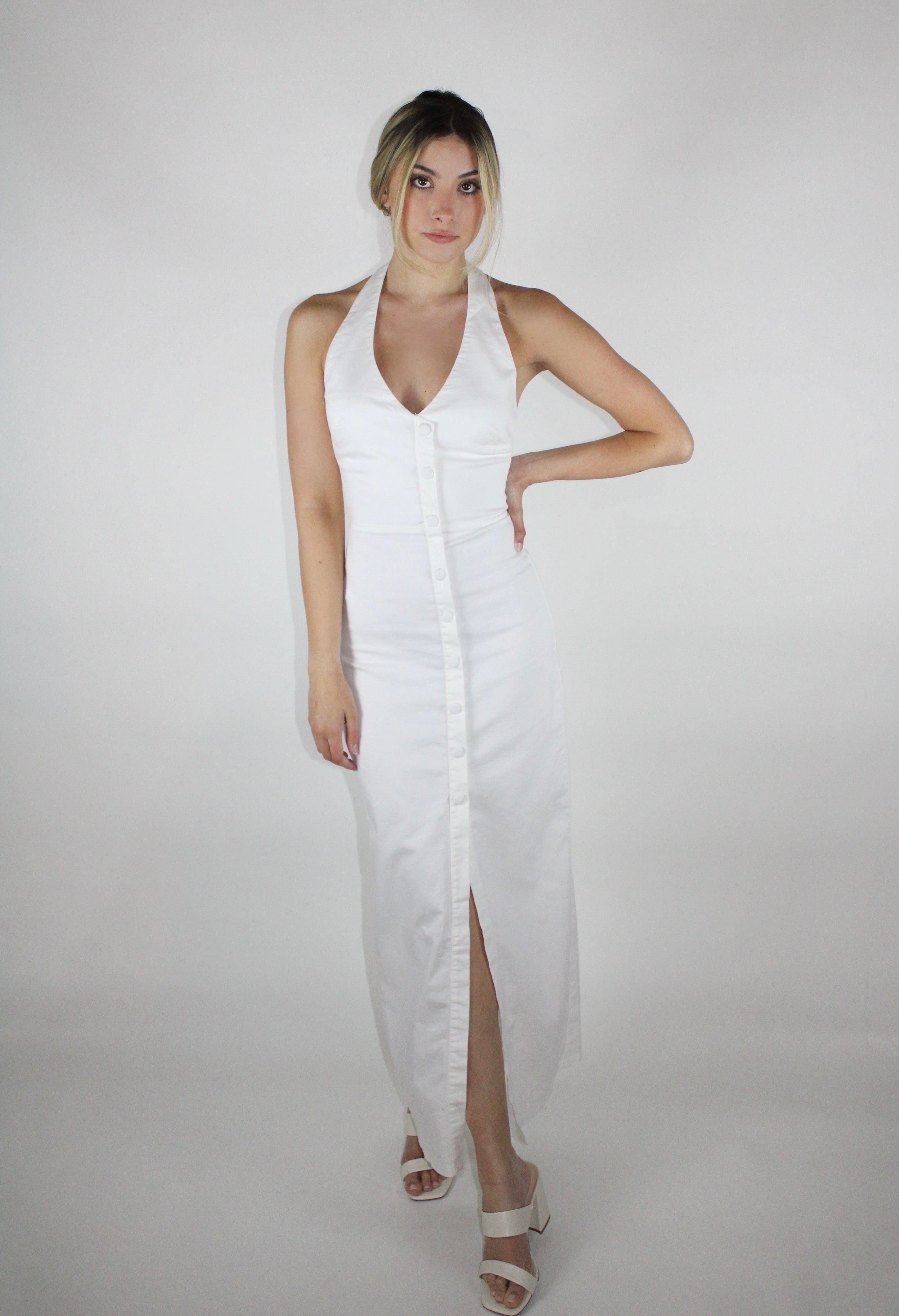 White halter maxi dress with button detailing