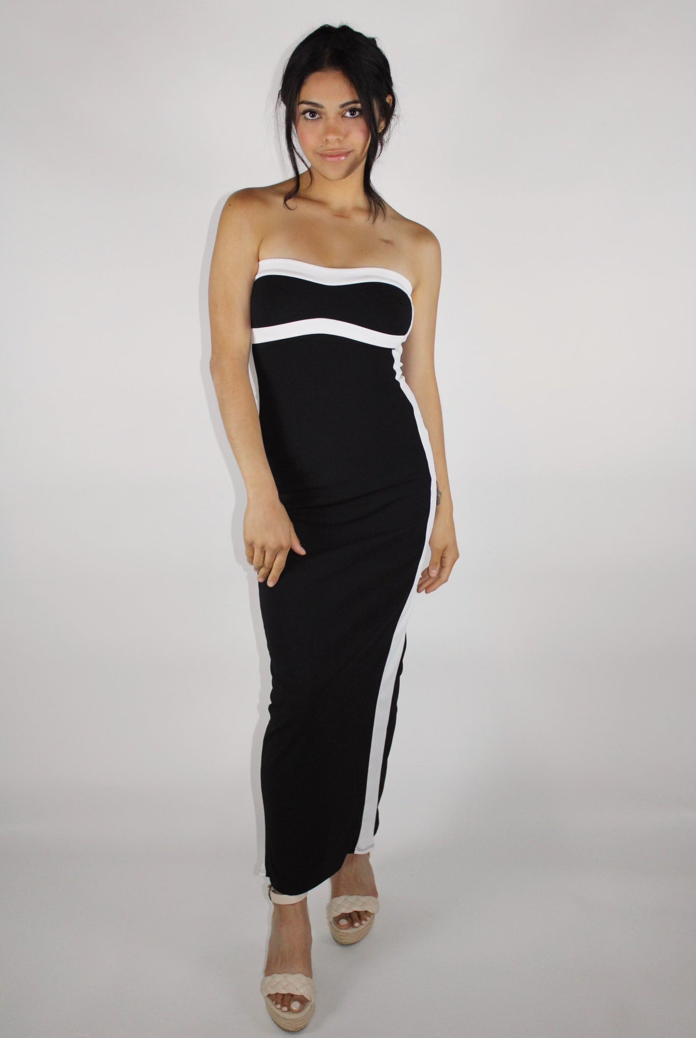 Black and white strapless maxi dress
